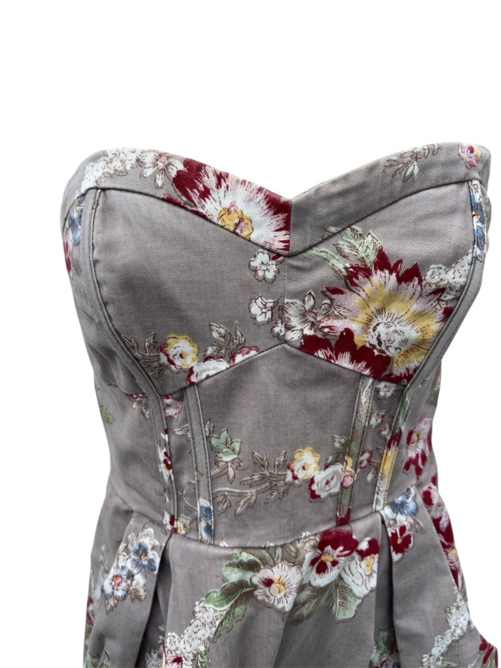 H&M Strapless Floral  Denim Sweetheart Midi Dress Gray Taupe Women's 4 Cottage - Picture 4 of 13